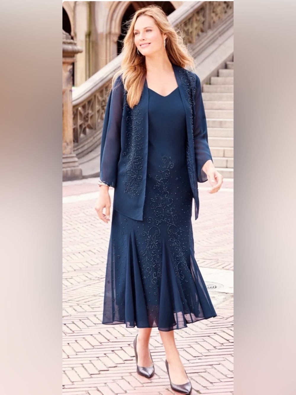 Catherines‎ Womens 22W Navy Blue Masquerade Beaded Sheer Dress Jacket 2PC Set